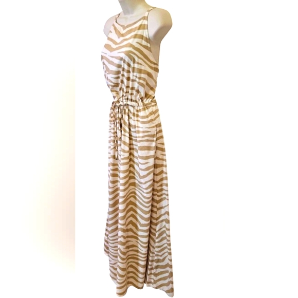 LOFT Tan & Cream Tiger Stripe Sleeveless Midi/Maxi Dress, Medium - Picture 5 of 16